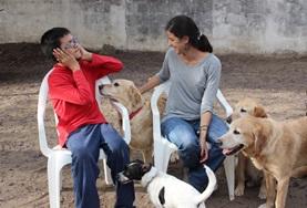 Argentina A disabled boy and a Canine Therapy volunteer work together with dogs during a specialised therapy session in Argentina.